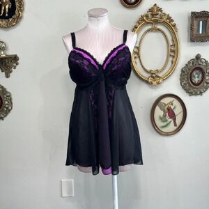 Vintage Y2K Sheer Black & Purple Lace Babydoll Lingerie Top